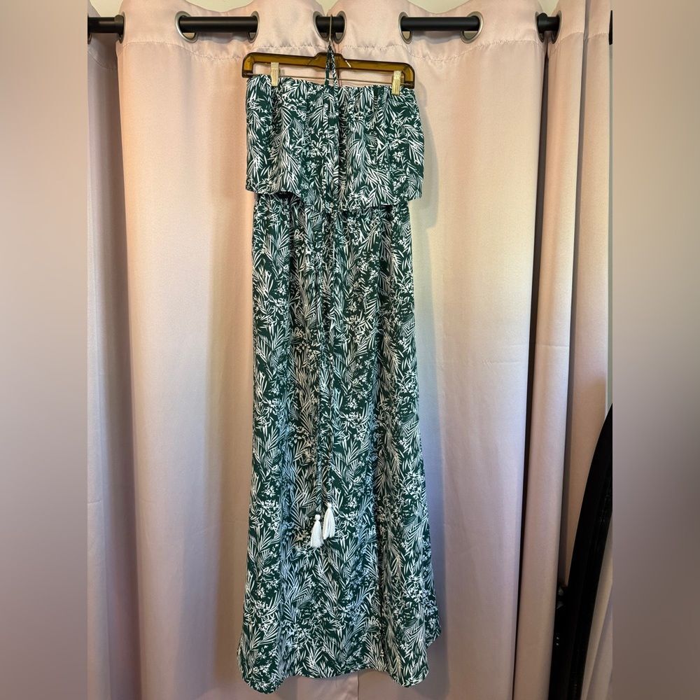 Strapless Tropical Green Maxi Dress